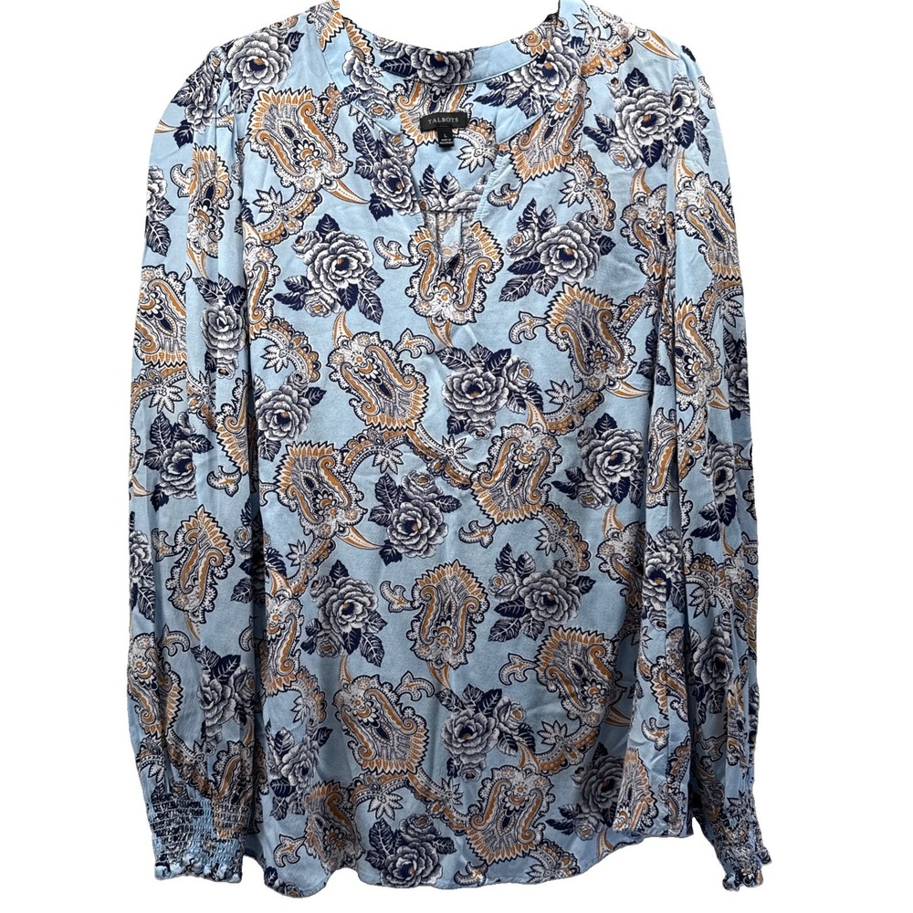 Talbots Women's Top Size Large Blue Black Paisley Pullover Smocked Cuffs Long Sl